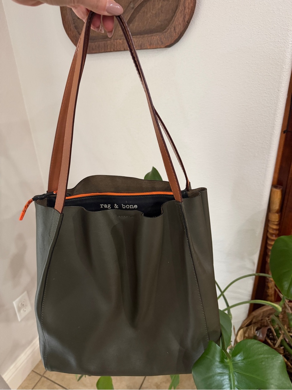 Rag & Bone Olive Green Leather Tote Bag Brown Handles Orange Zip